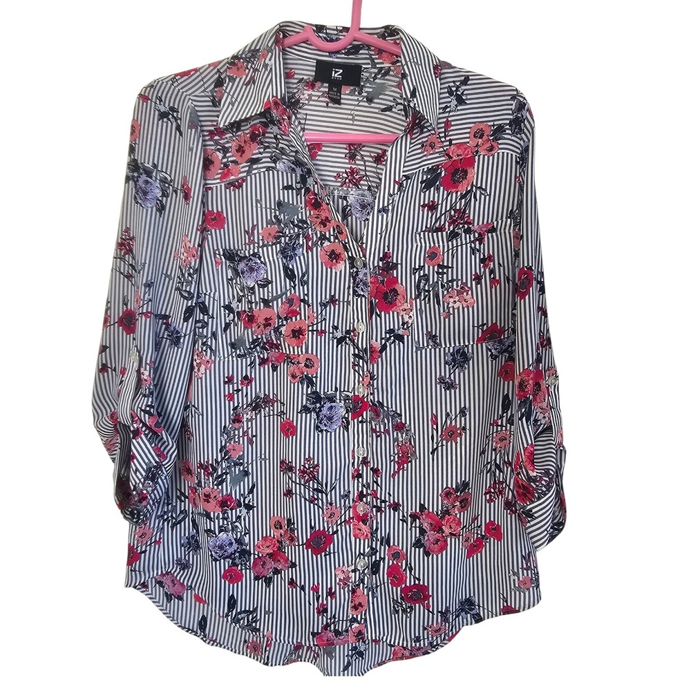 IZ Byer Womens Floral Striped Button Down Blouse Roll Tab Sleeve Pink BlueSize M